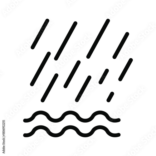 Rain falling on wavy water surface, simple line icon