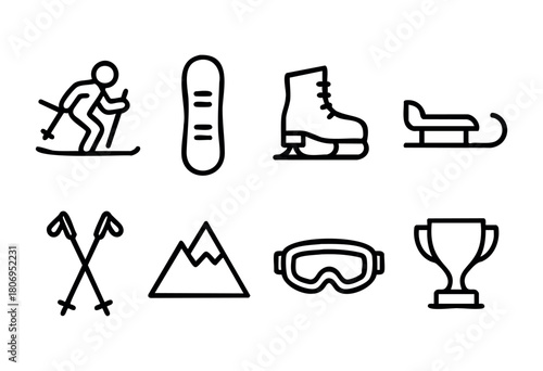 Winter sports activities including skiing, snowboarding, and ice skating equipment. Each symbol represents a popular winter pastime enjoyed in snowy environments.