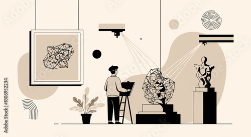 Artist creating artwork in museum with geometric sculptures and modern abstract designs