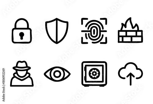 Various symbols depict security concepts such as locks, shields, biometric scanning, and safe storage, emphasizing the importance of protection in the digital world.