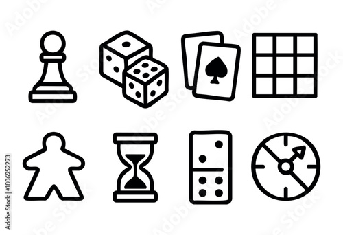 Different game pieces are displayed including a pawn, dice, playing cards, an hourglass, and dominoes. This collection represents elements for classic board games and activities.