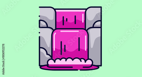 Vibrant Pink Waterfall Cascading Over Rocks in a Stylized Illustration.