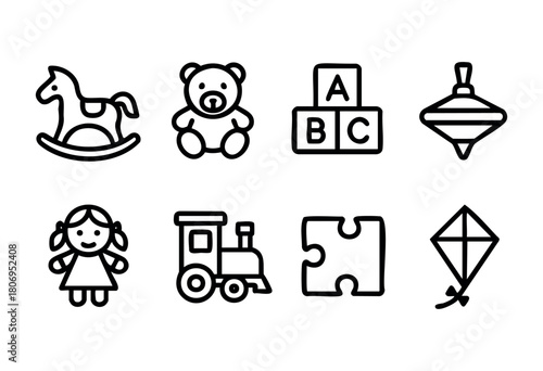 A collection of toys featuring a rocking horse, teddy bear, building blocks, spinning top, doll, train, puzzle piece, and kite, showcasing fun and learning for young children.