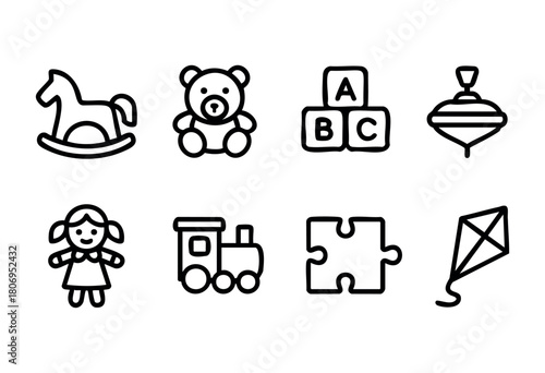 A set of black and white line drawings showcases popular children's toys, including a rocking horse, teddy bear, building blocks, and a toy train, promoting imagination and play.