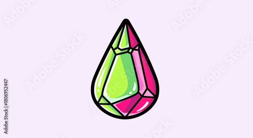 Stylized Gemstone with Green and Pink Facets, Black Outline.