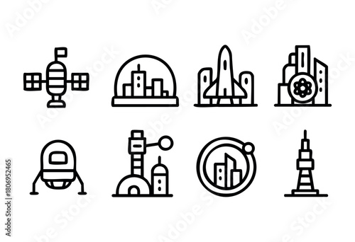 Set of simple line art icons showcasing elements of space exploration, futuristic buildings, and urban structures designed with clarity and minimalism in mind.