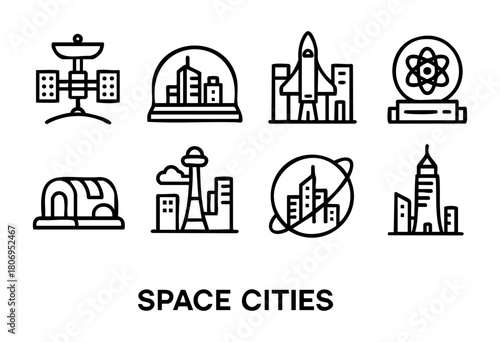 Creative illustrations showcase various futuristic space city designs with elements like rockets, satellites, and domes representing life beyond Earth. Each drawing captures imagination and innovation