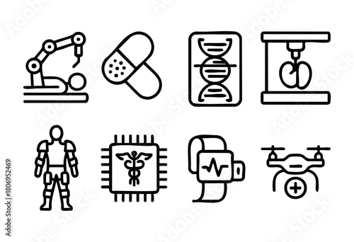 Innovative tools and symbols represent the future of healthcare, showcasing robotics, diagnostic devices, and medical advancements in a simplified design.