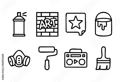 Various tools for creating street art are displayed, including spray paint, paint rollers, a stencil, and a mask, showcasing the artistic process and vibrant fun of urban creativity.