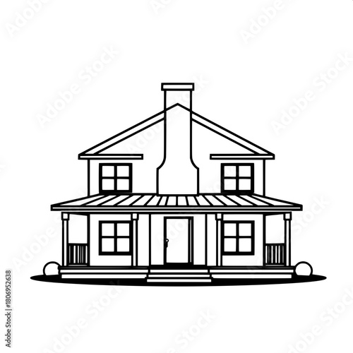 Symmetrical house graphic with a central chimney and a wraparound porch, rendered with thick black outlines and flat negative space, featuring a simple and modern aesthetic, with bold lines and minima
