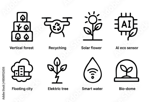 Various eco-friendly designs are represented, showcasing vertical forests, a recycling drone, solar flowers, and an AI eco sensor, promoting a sustainable future in urban environments.