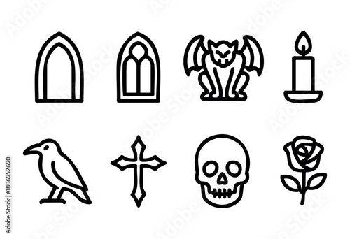 Various gothic and Halloween themed icons are displayed, featuring arches, a gargoyle, a candle, a raven, a cross, a skull, and a rose designed in simple lines.
