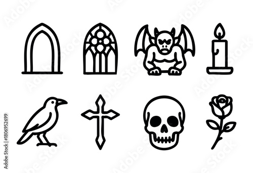 A collection of Gothic-inspired symbols shows a stained glass window, a gargoyle figure, a candle, a skull, a cross, a crow, and a rose. These elements reflect dark artistry and tradition.