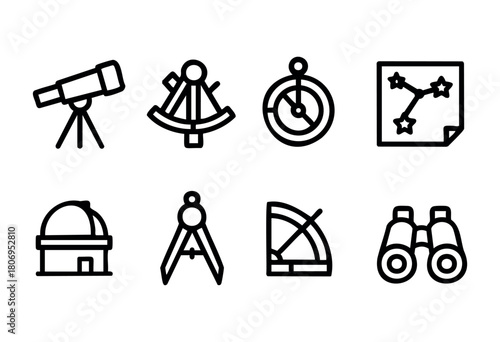 Collection of various astronomy instruments including a telescope, compass, and binoculars, useful for stargazing and navigation activities outdoors.
