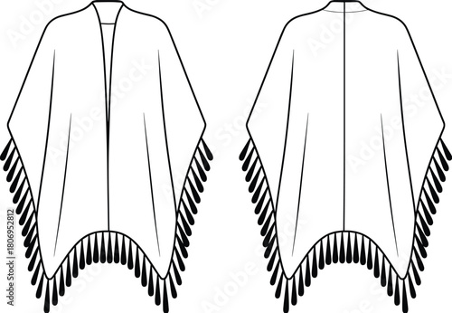 Boho fringe poncho fashion flat, front and back technical sketch, draped cape design, vector apparel template for garment illustration