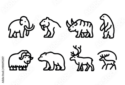 This artwork features simple line drawings of a mammoth, bear, rhino, and other prehistoric animals, capturing their distinct outlines and playful forms against a clean background.