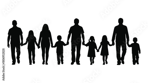Family silhouettes walking together isolated on white background, Vector
