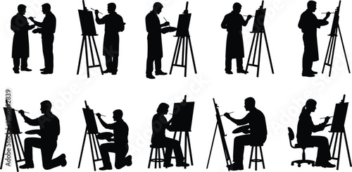Silhouettes of artists painting on easels, standing and sitting, creating artwork, drawing with brushes, art studio activity poses for design resources