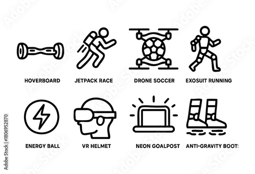 Participants enjoy a variety of innovative sports like jetpack racing, drone soccer, and exosuit running, showcasing advanced technology and fitness trends.