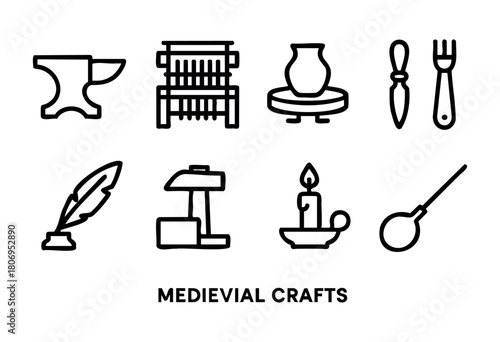 Various symbols of medieval crafts are displayed, featuring an anvil, weaving loom, pottery wheel, and candle holder to represent traditional artisans and their tools.