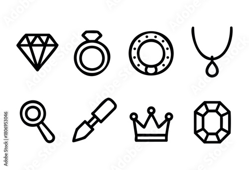 Various jewelry icons featuring diamonds, rings, necklaces, and crowns are displayed in a clean, minimalist arrangement suitable for graphic design projects.