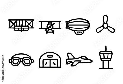 Illustrations display classic aviation elements including biplanes, a zeppelin, pilot goggles, an aircraft hangar, a fighter jet, and a control tower. Each items represents aviation history.