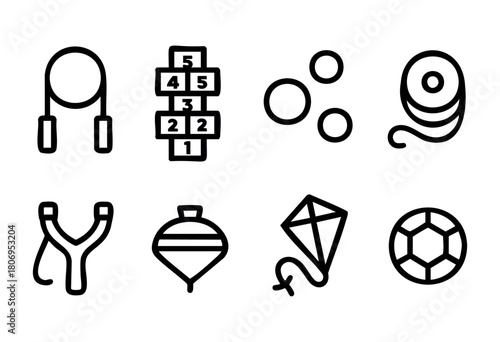 A collection of outlines depicts classic outdoor games and toys, including hopscotch, marbles, and a kite. Each playful design highlights the joy of childhood activities.