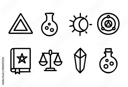 A collection of nine distinct symbols showcases themes of science, nature, legality, and mysticism, featuring geometric shapes, celestial bodies, and various objects.