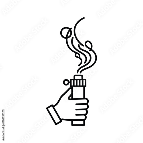 Hand holding smoking flare or smoke grenade icon illustration. line art vector graphic of signal device emitting smoke.
