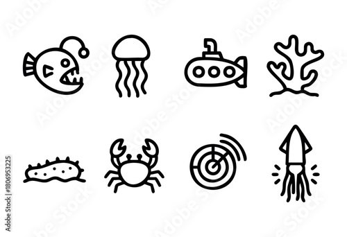 A set of simple black line drawings representing ocean life and activities. The icons include a fish, jellyfish, submarine, coral, crab, sea cucumber, and squid.
