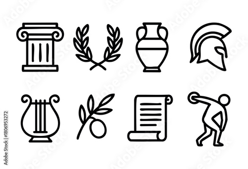 This graphic displays iconic symbols of ancient Greece, including a column, laurel wreath, amphora, Spartan helmet, lyre, olive branch, scroll, and a discus thrower in a simple design.