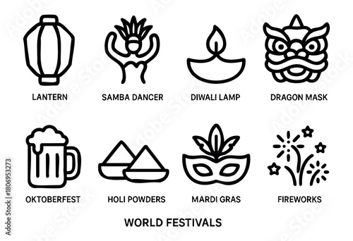 Various symbols represent world festivals, showcasing a lantern, samba dancer, Diwali lamp, dragon mask, beer, pyramids, holi powders, Mardi Gras mask, and fireworks.