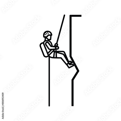 Outline icon of a climber rappelling down a cliff face, depicting outdoor extreme sport and adventure activity for design.
