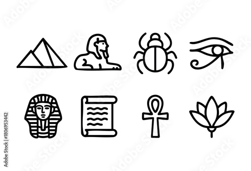 This artwork features iconic symbols of Ancient Egypt such as pyramids, a sphinx, a scarab beetle, and ankh, depicted in a minimalist black line style.