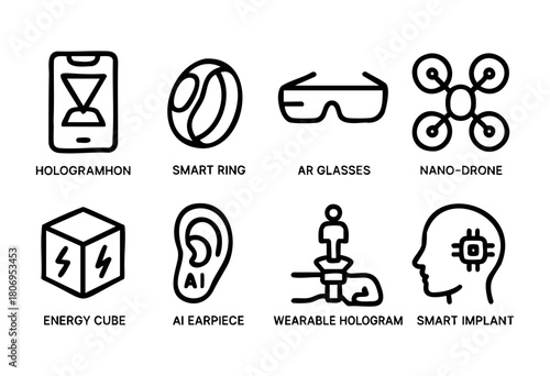 Various symbols representing advanced technology tools including holograms, smart rings, AI earpieces, AR glasses, and drones showcase futuristic innovations in daily life.