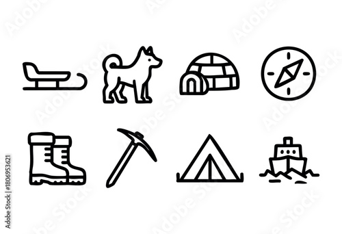 Various icons depict essential items for winter camping and exploration, such as sleds, dogs, boots, and tents. These symbols suggest activities in a snowy environment.