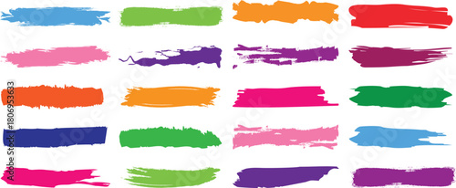 Colorful brush streaks pack marker ink strokes grunge. Collection of vector paint bold brush strokes, hand drawn thick grunge lines and rectangle shapes modern grunge. Ink brush stroke set.