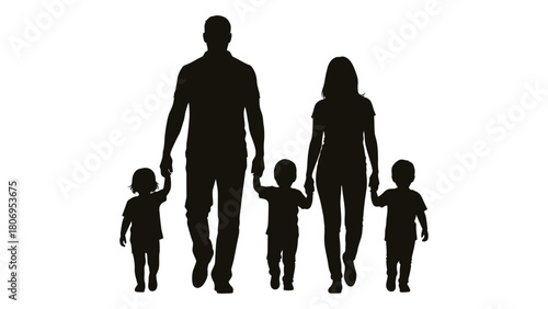 Family silhouette walking together isolated on white background, Vector