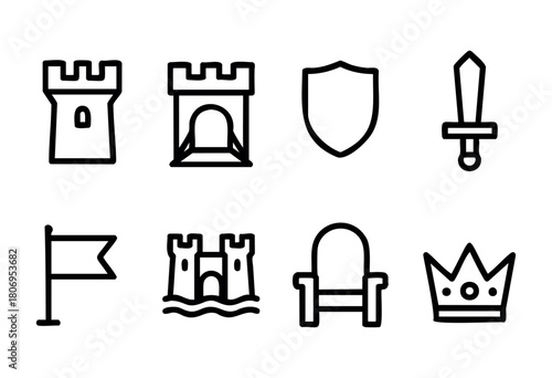Set of nine simple icons showcasing elements of medieval life, including a castle, shield, sword, flag, throne, and crown, all designed with a minimalistic touch.