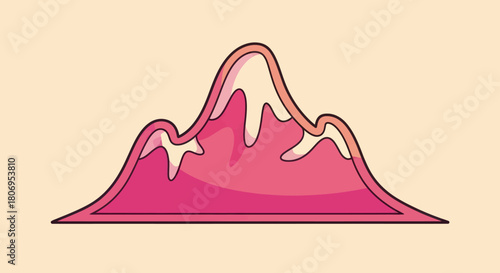 Stylized Pink Mountain Peak with Snow, Cartoon Illustration.