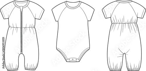 Cad drawing flat vector illustration of baby romper and bodysuit technical sketch, detailed garment template, fashion flats for apparel design