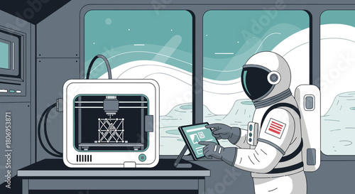 Astronaut utilizing 3D printing technology for habitat construction on an extraterrestrial