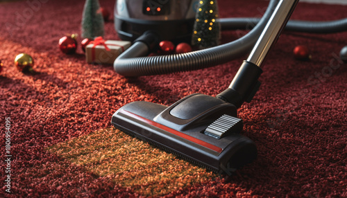 Tidying up for the festive season, with a vacuum cleaner deep cleaning a plush red carpet near Christmas gifts and ornaments