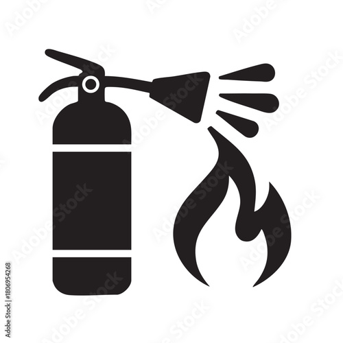 A simple black and white illustration depicts a fire extinguisher spraying onto stylized flames showcasing fire safety