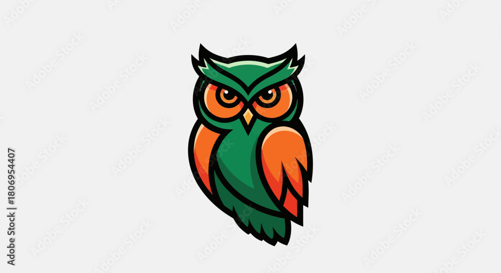 Fototapeta premium Stylized Owl Illustration with Green and Orange Plumage.