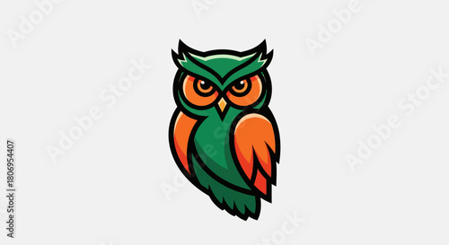 Stylized Owl Illustration with Green and Orange Plumage.