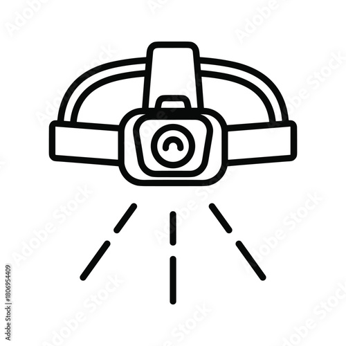 Headlamp icon outline, symbol of outdoor adventure, camping, exploration, light, safety, and nocturnal activity.