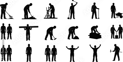 Silhouettes of construction workers performing tasks, digging, lifting, raking, carrying tools, teamwork poses, labor activity icons for industrial design use