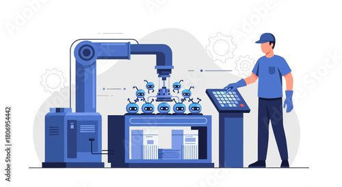 Automated factory operation featuring robots assembly and quality control with operator oversight