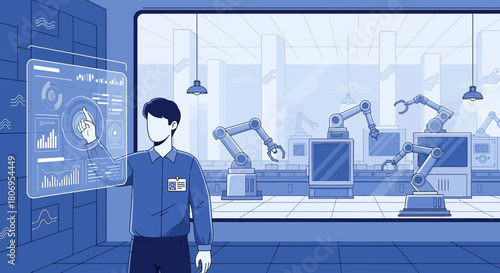 Automated factory worker interacting with a futuristic transparent screen interface for control